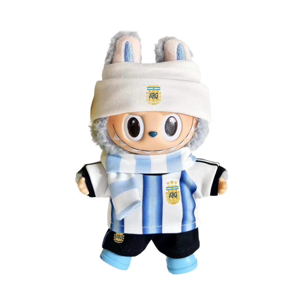 Labubu football jersey kit – Argentina Home – Labubu clothes shown worn on a doll, compatible with similar 17cm dolls