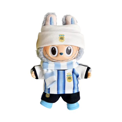 Labubu football jersey kit – Argentina Home – Labubu clothes shown worn on a doll, compatible with similar 17cm dolls