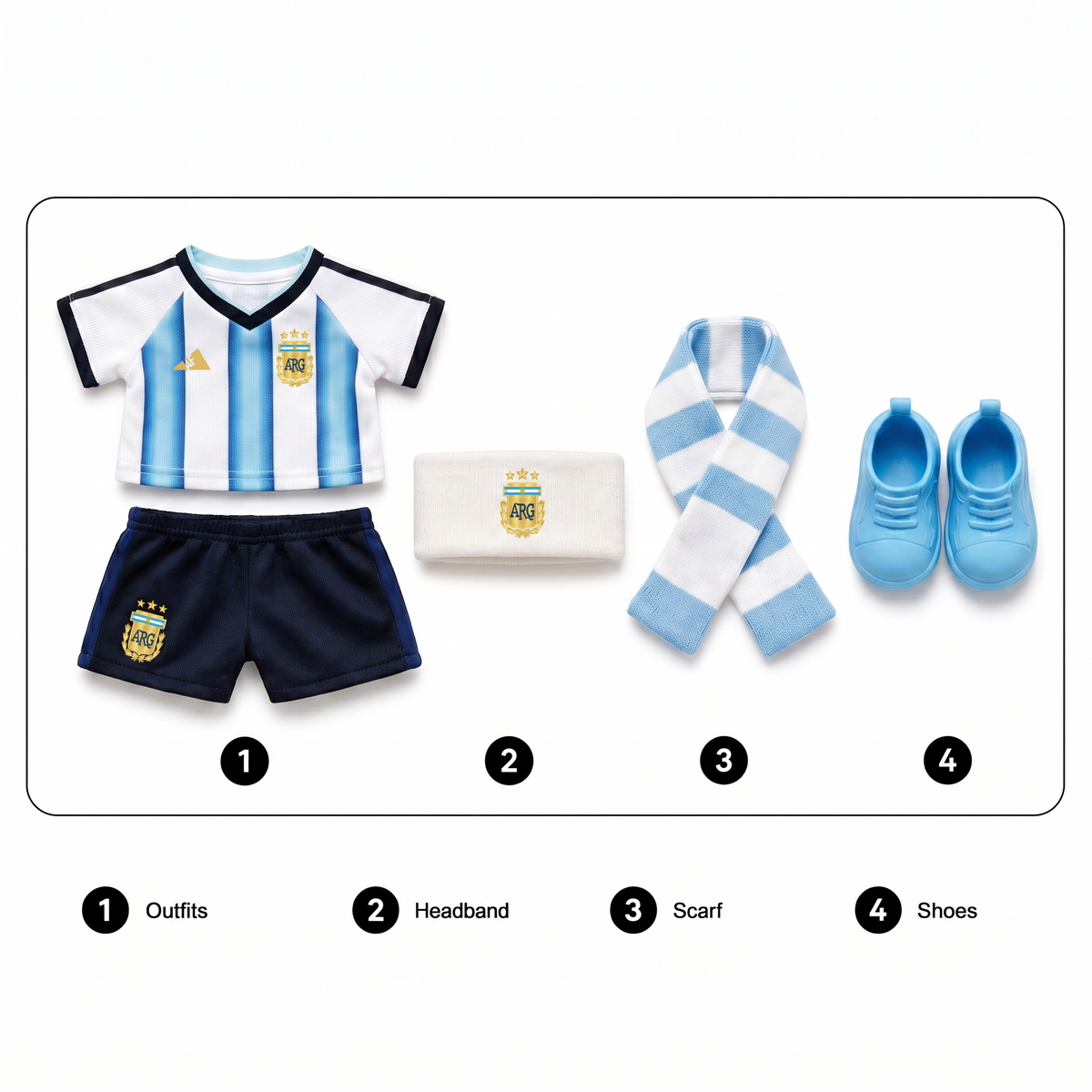 Labubu football jersey kit – Argentina Home – Labubu clothes with jersey, shorts, and accessories included, compatible with similar 17cm dolls