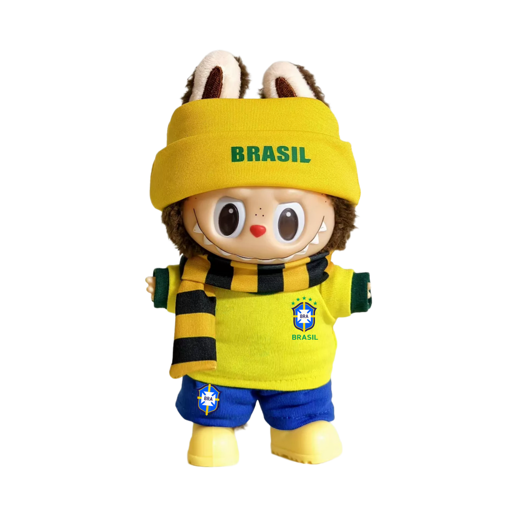 Labubu football jersey kit – Brazil Home – Labubu accessories included, shown worn on a doll, compatible with similar 17cm dolls