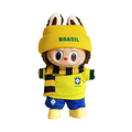 Labubu football jersey kit – Brazil Home – Labubu accessories included, shown worn on a doll, compatible with similar 17cm dolls