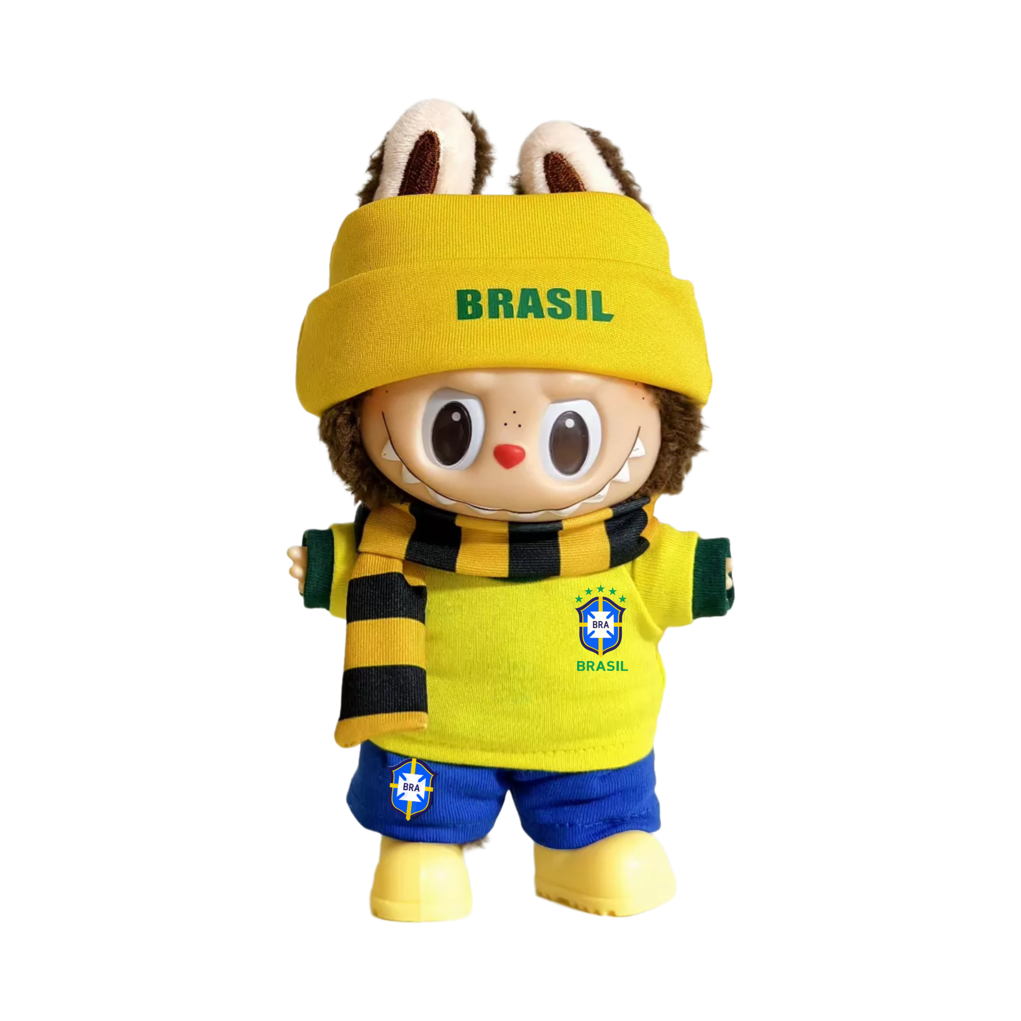 Labubu football jersey kit – Brazil Home – Labubu accessories included, shown worn on a doll, compatible with similar 17cm dolls