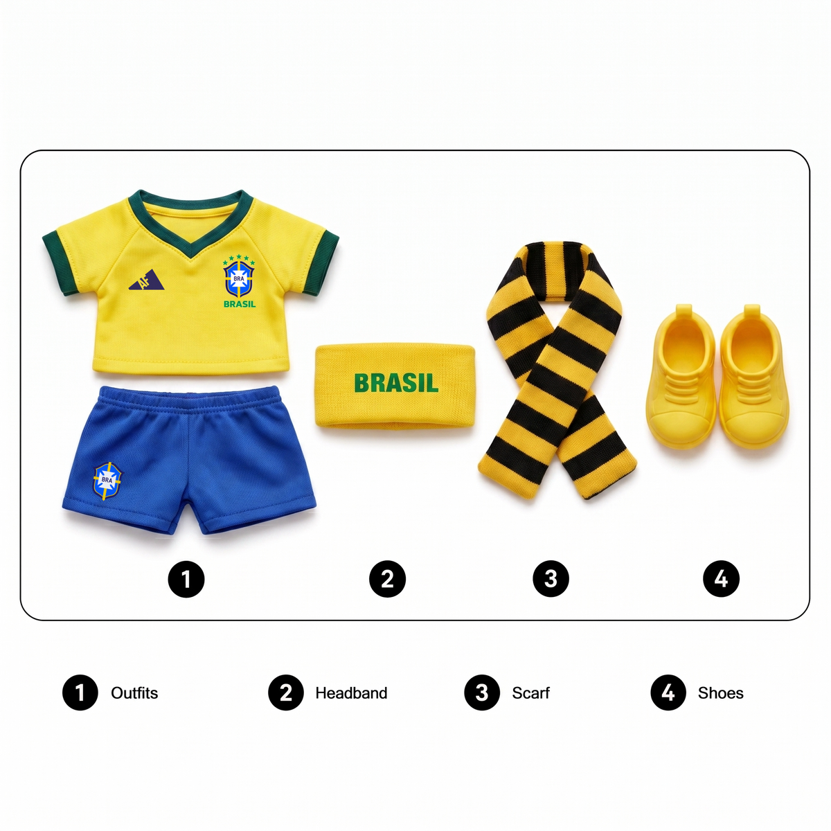 Labubu football jersey kit – Brazil Home – Labubu clothes with jersey, shorts, and accessories included, compatible with similar 17cm dolls