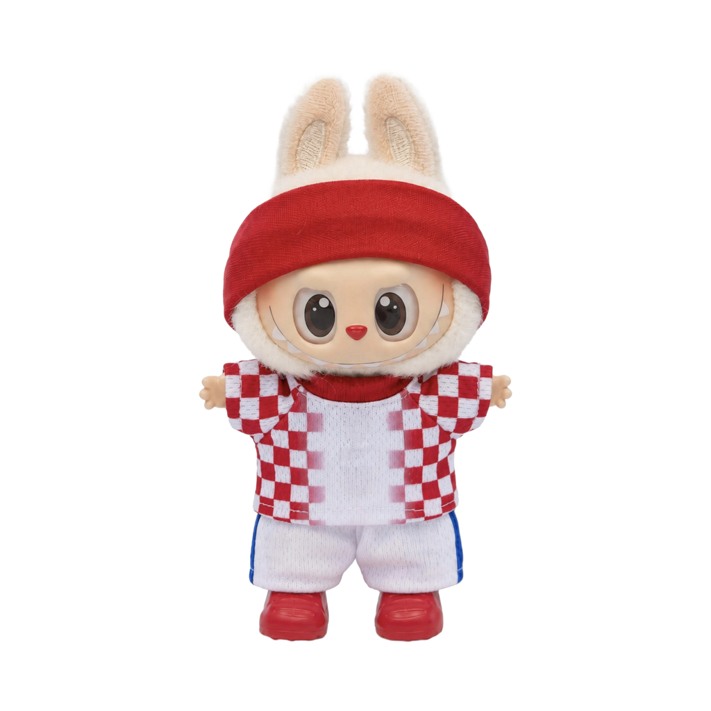 Labubu football jersey kit – Croatia Home – Labubu clothes shown worn on a doll, compatible with similar 17cm dolls