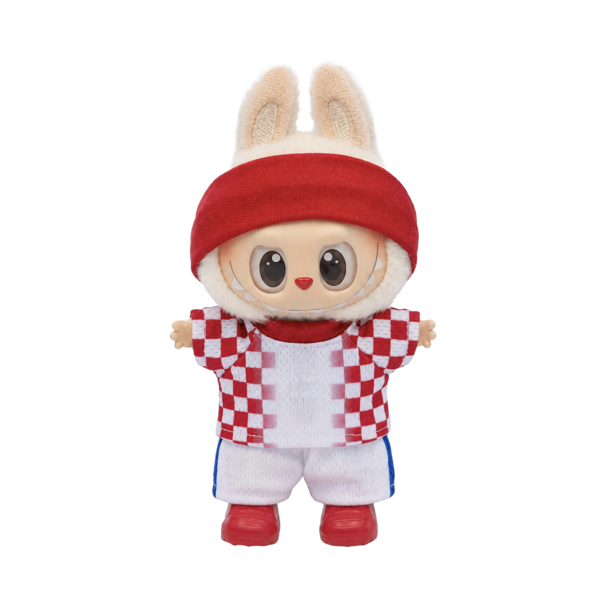 Labubu football jersey kit – Croatia Home – Labubu clothes shown worn on a doll, compatible with similar 17cm dolls