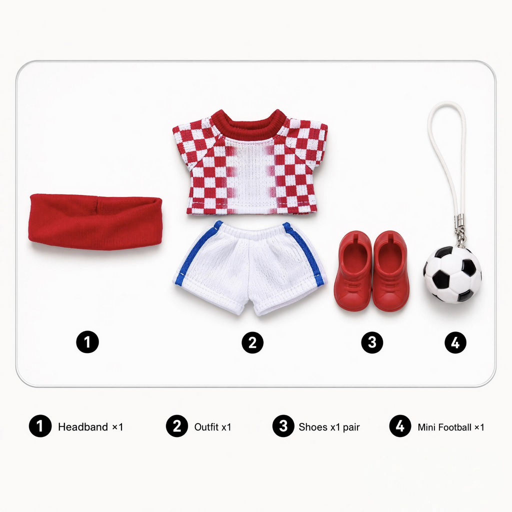 Labubu football jersey kit – Croatia Home – Labubu clothes with jersey, shorts, and accessories included, compatible with similar 17cm dolls