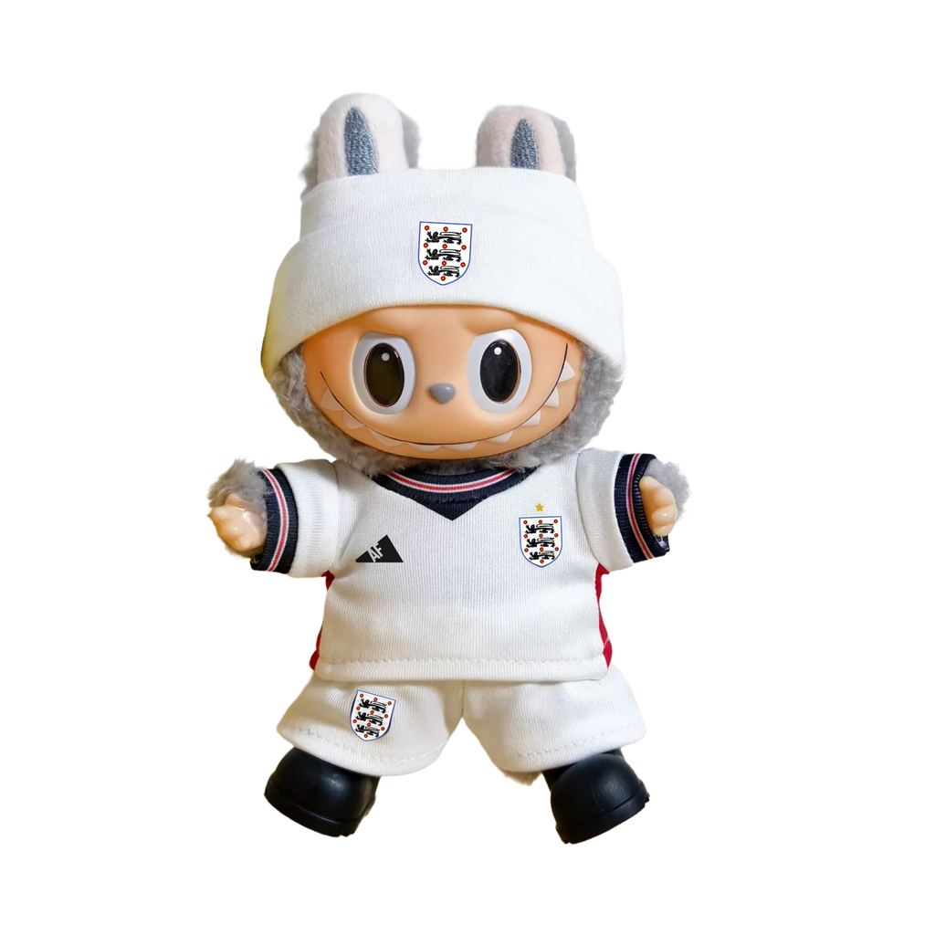 Labubu football jersey kit – England Home – Labubu clothes shown worn on a doll, compatible with similar 17cm dolls