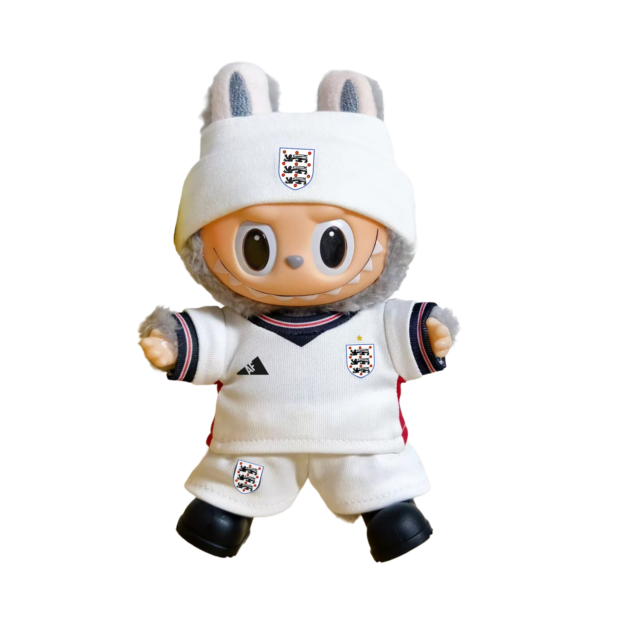 Labubu football jersey kit – England Home – Labubu clothes shown worn on a doll, compatible with similar 17cm dolls