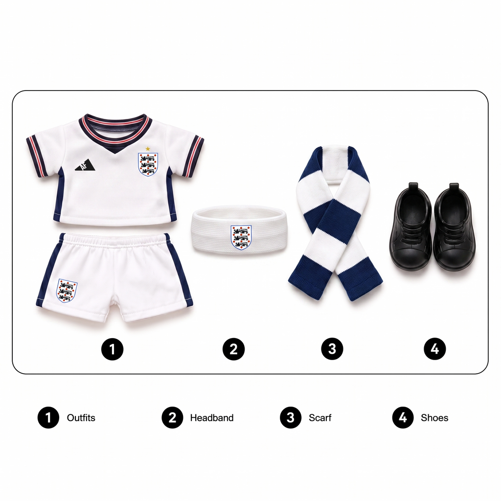 Labubu football jersey kit – England Home – Labubu clothes with jersey, shorts, and accessories included, compatible with similar 17cm dolls