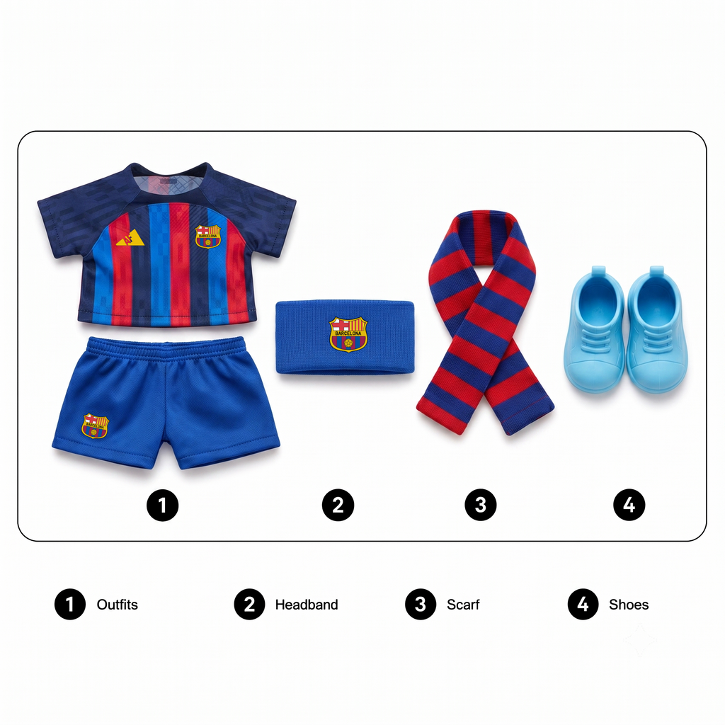 Labubu football jersey kit accessories – Barcelona – includes headband, scarf and shoes