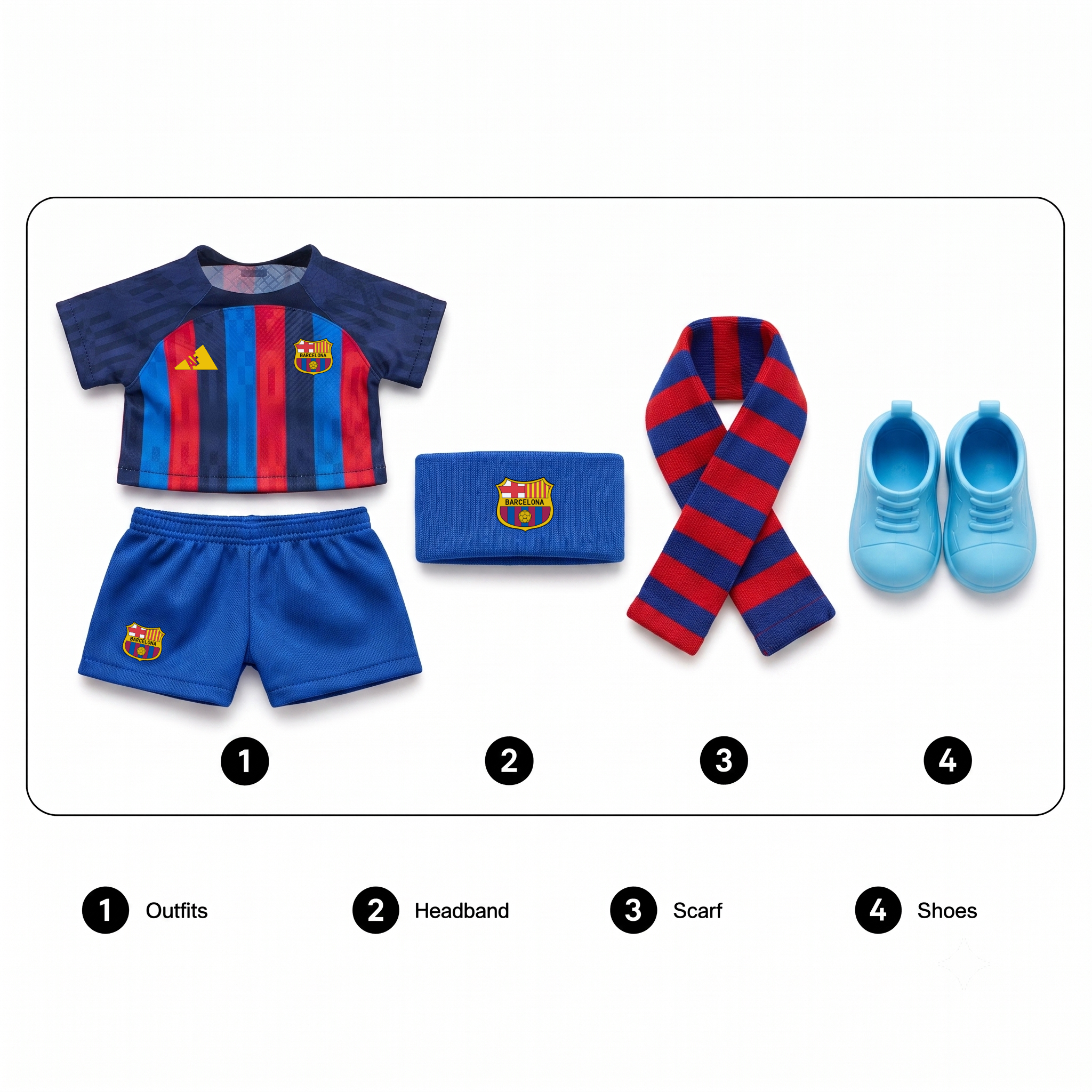 Labubu football jersey kit accessories – Barcelona – includes headband, scarf and shoes