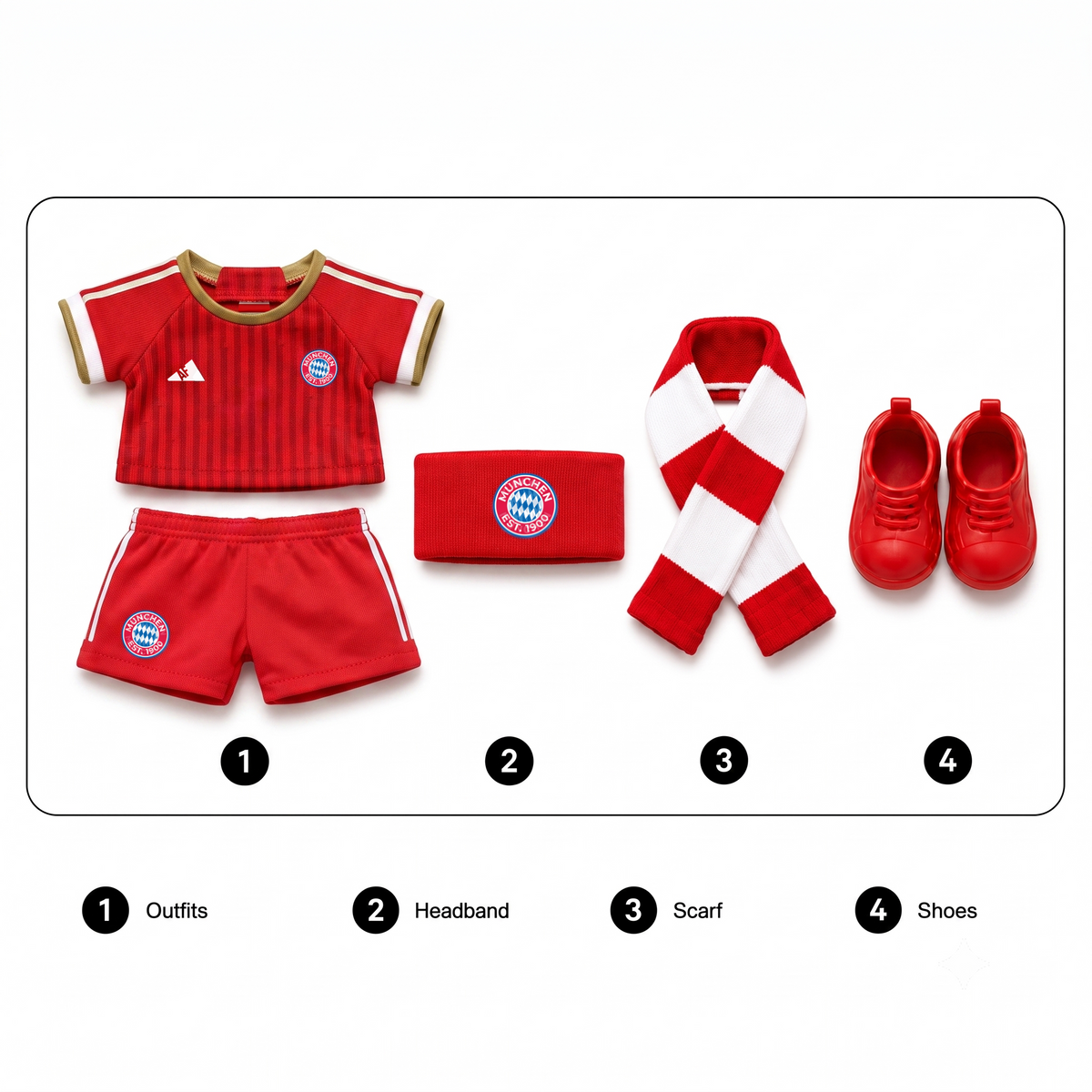 Labubu football jersey kit accessories – FC Bayern – includes headband, scarf and shoes