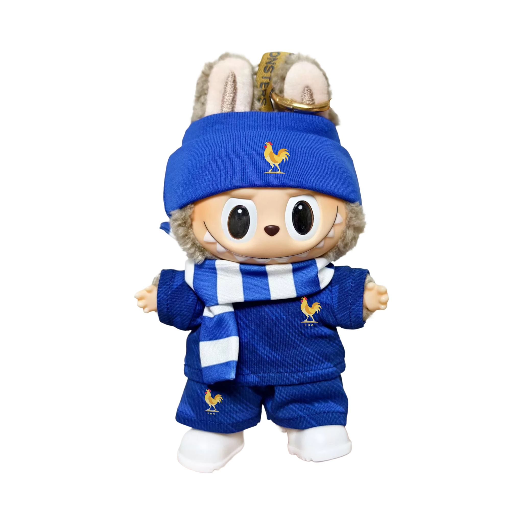 Labubu football jersey kit – France Home – Labubu outfits shown worn on a doll, compatible with similar 17cm dolls