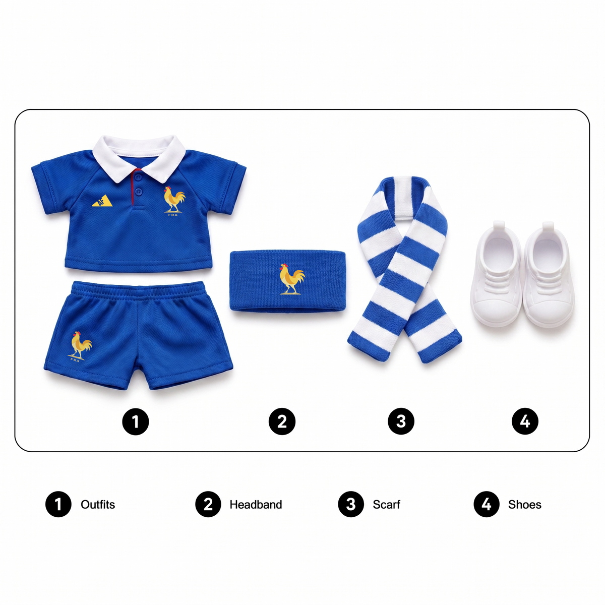 Labubu football jersey kit – France Home – Labubu clothes with jersey, shorts, and accessories included, compatible with similar 17cm dolls