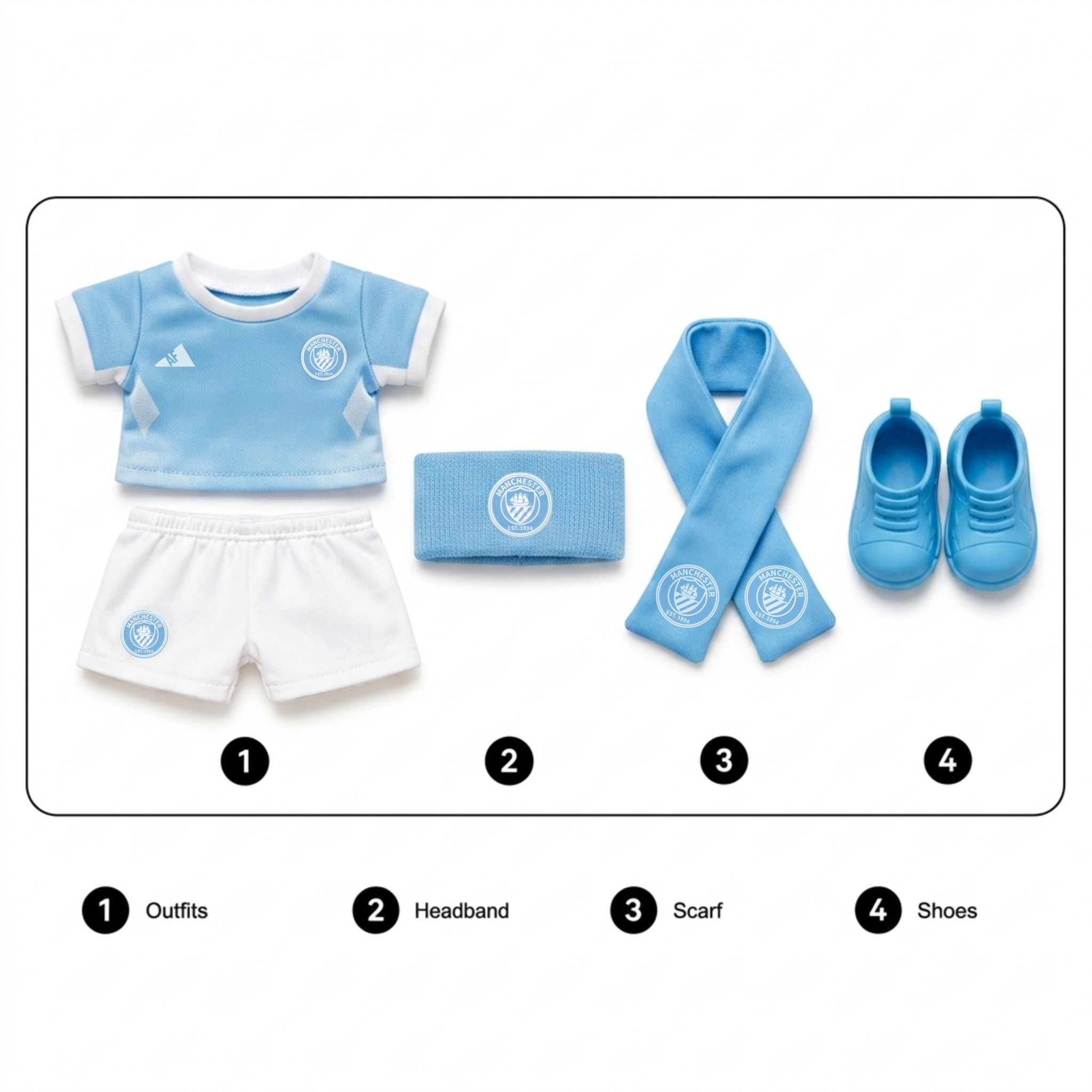 Labubu football jersey kit accessories – Manchester City – includes headband, scarf and shoes