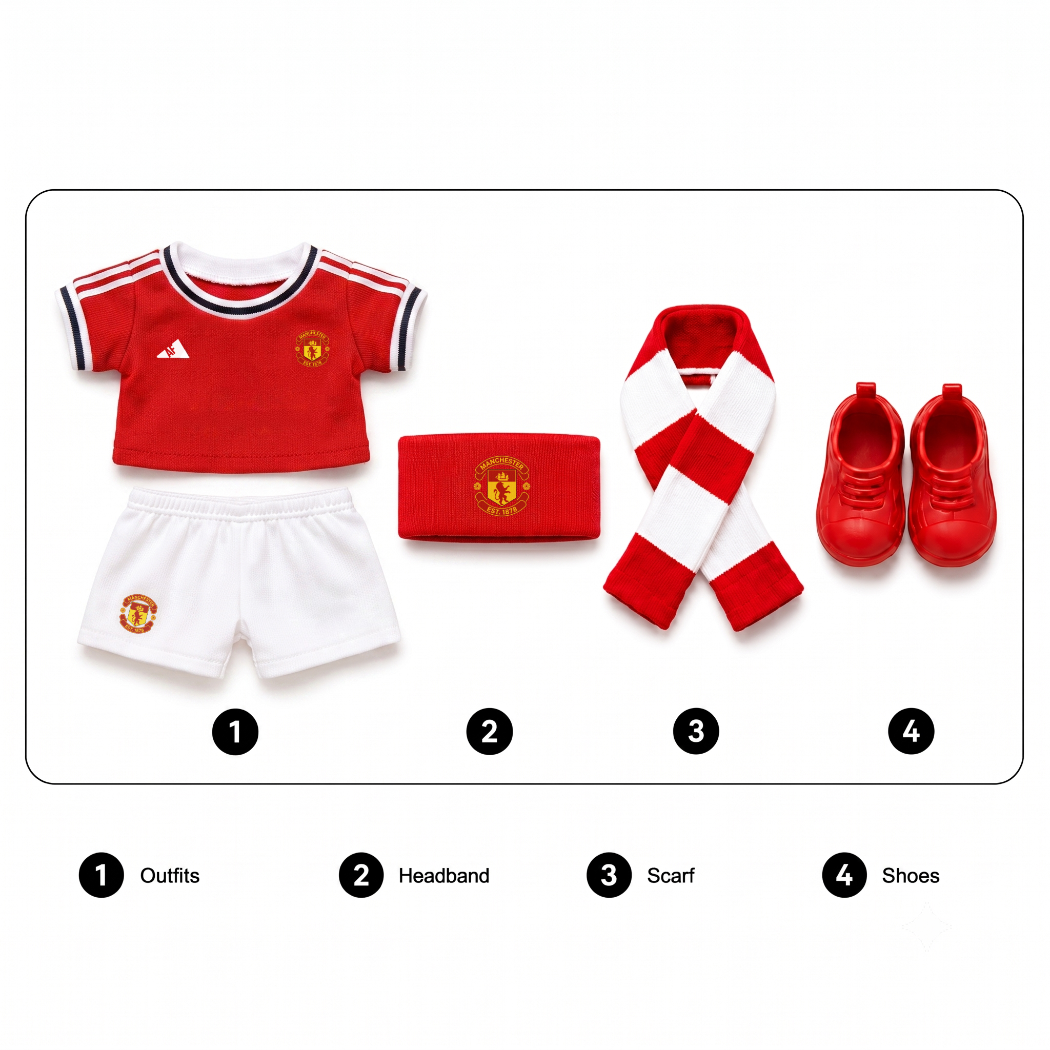 Labubu football jersey kit accessories – Manchester United – includes headband, scarf and shoes