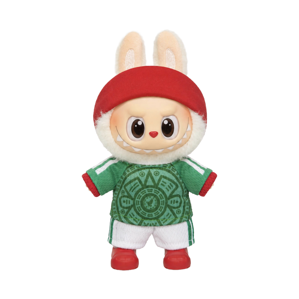 Labubu football jersey kit – Mexico Home – Labubu clothes shown worn on a doll, compatible with similar 17cm dolls