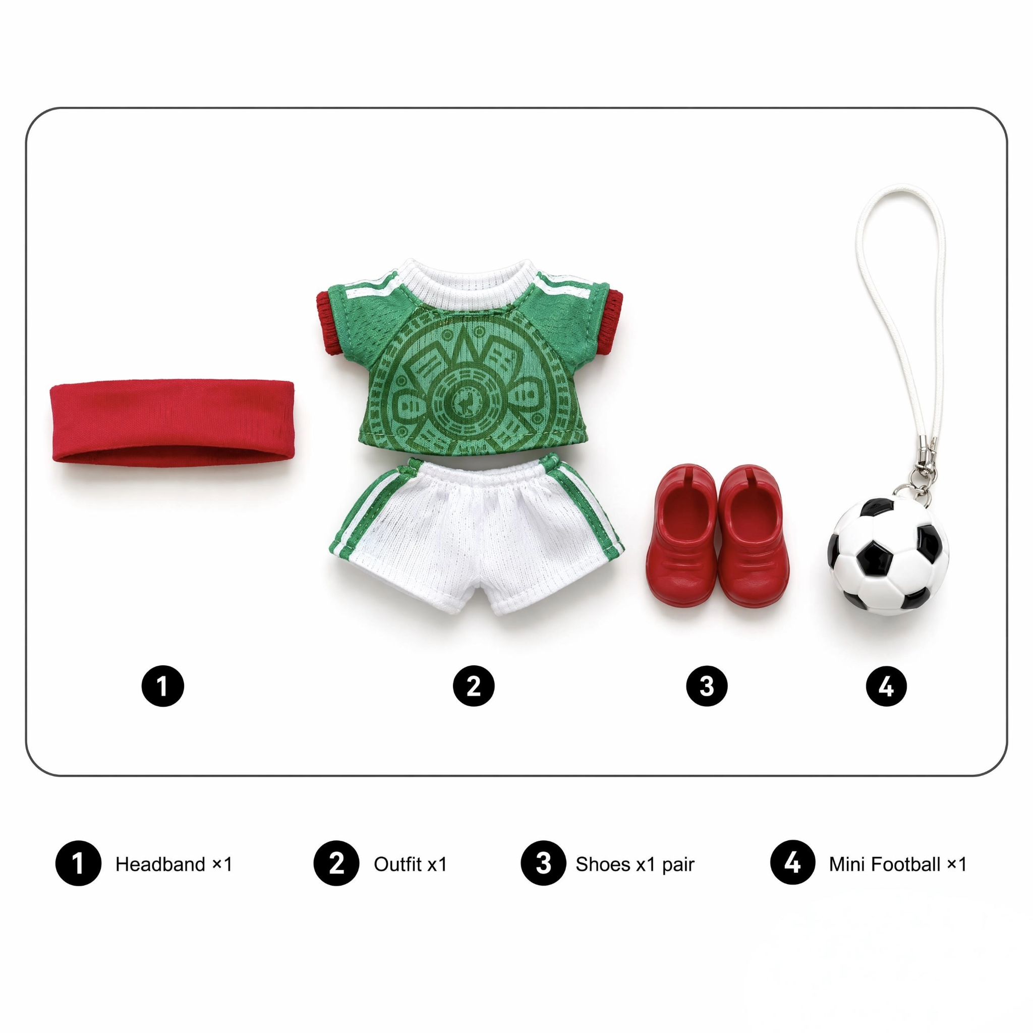 Labubu football jersey kit – Mexico Home – Labubu clothes with jersey, shorts, and accessories included, compatible with similar 17cm dolls