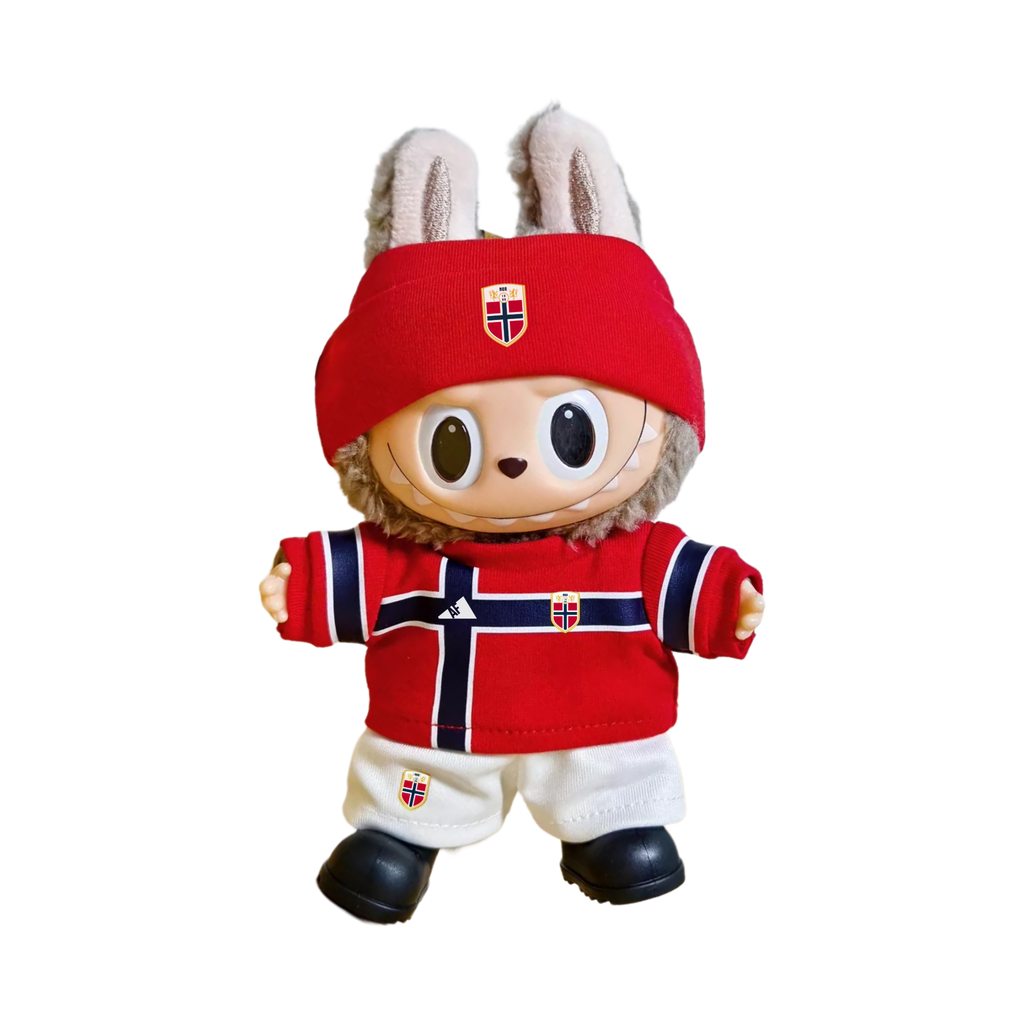 Labubu football jersey kit – Norway Home – Labubu accessories included, shown worn on a doll, compatible with similar 17cm dolls
