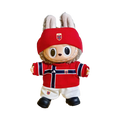Labubu football jersey kit – Norway Home – Labubu accessories included, shown worn on a doll, compatible with similar 17cm dolls