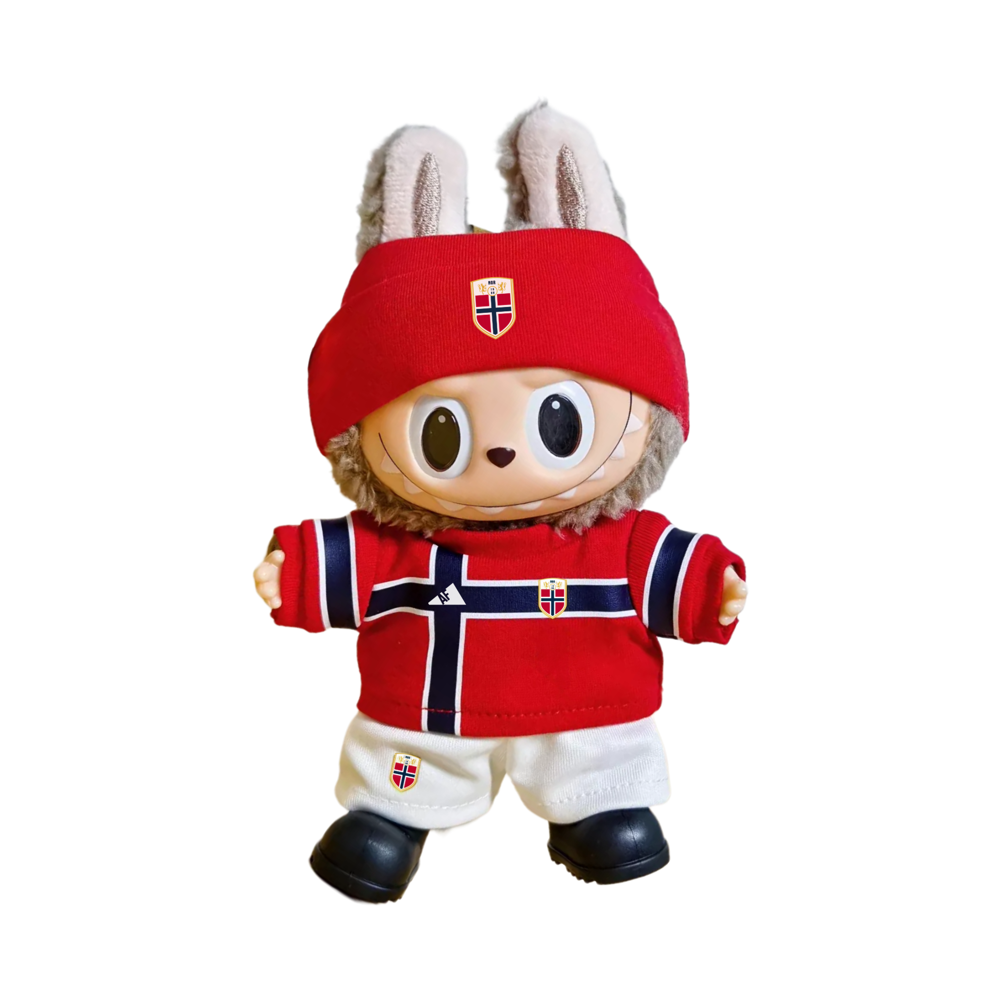 Labubu football jersey kit – Norway Home – Labubu accessories included, shown worn on a doll, compatible with similar 17cm dolls