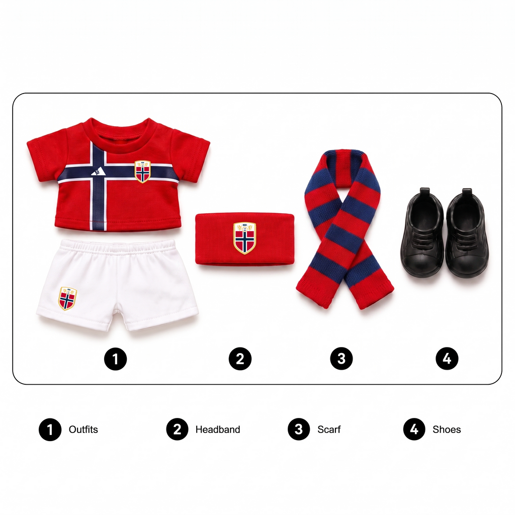 Labubu football jersey kit – Norway Home – Labubu clothes with jersey, shorts, and accessories included, compatible with similar 17cm dolls