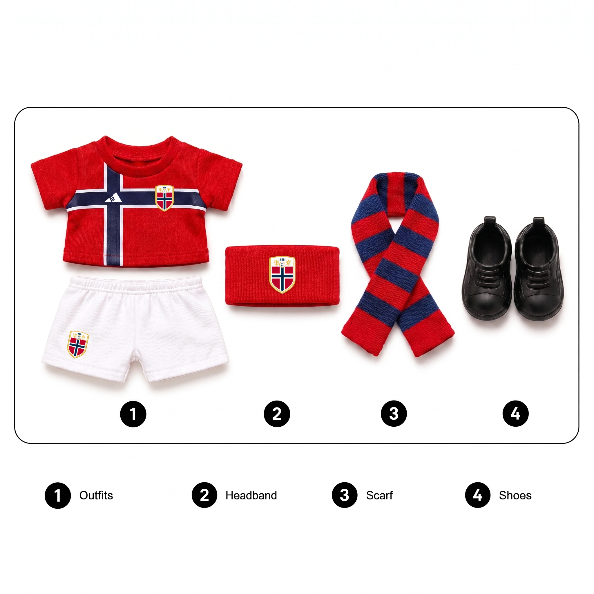 Labubu football jersey kit – Norway Home – Labubu clothes with jersey, shorts, and accessories included, compatible with similar 17cm dolls