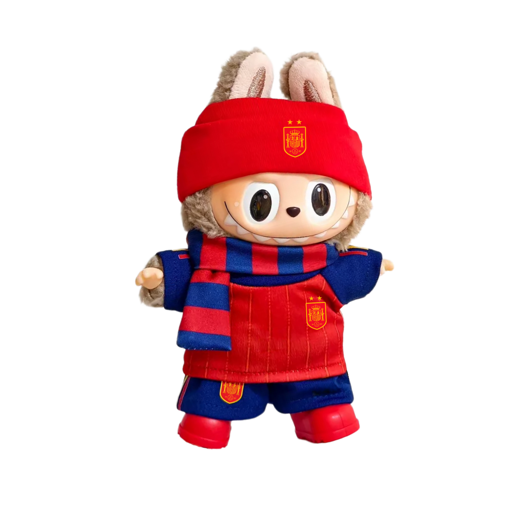 Labubu football jersey kit – Spain Home – Labubu clothes shown worn on a doll, compatible with similar 17cm dolls