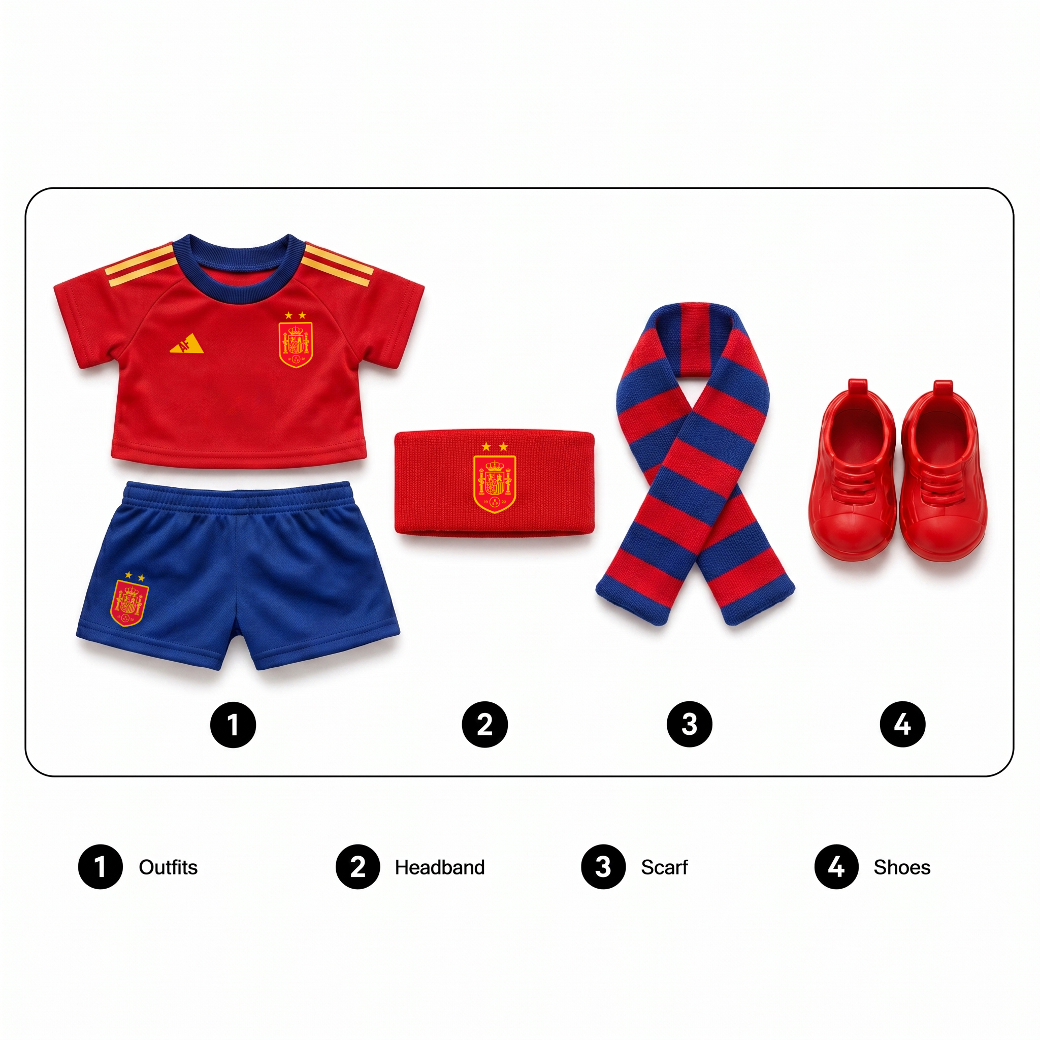 Labubu football jersey kit – Spain Home – Labubu clothes with jersey, shorts, and accessories included, compatible with similar 17cm dolls