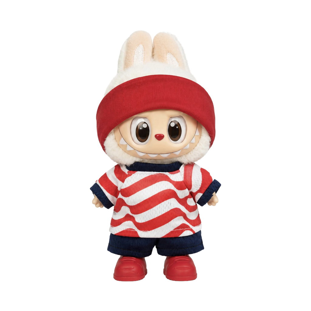 Labubu football jersey kit – USA Home – Labubu clothes shown worn on a doll, compatible with similar 17cm dolls