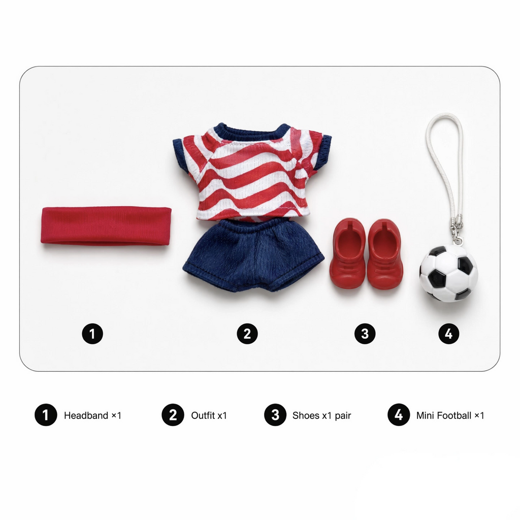 Labubu football jersey kit – USA Home – Labubu clothes with jersey, shorts, and accessories included, compatible with similar 17cm dolls
