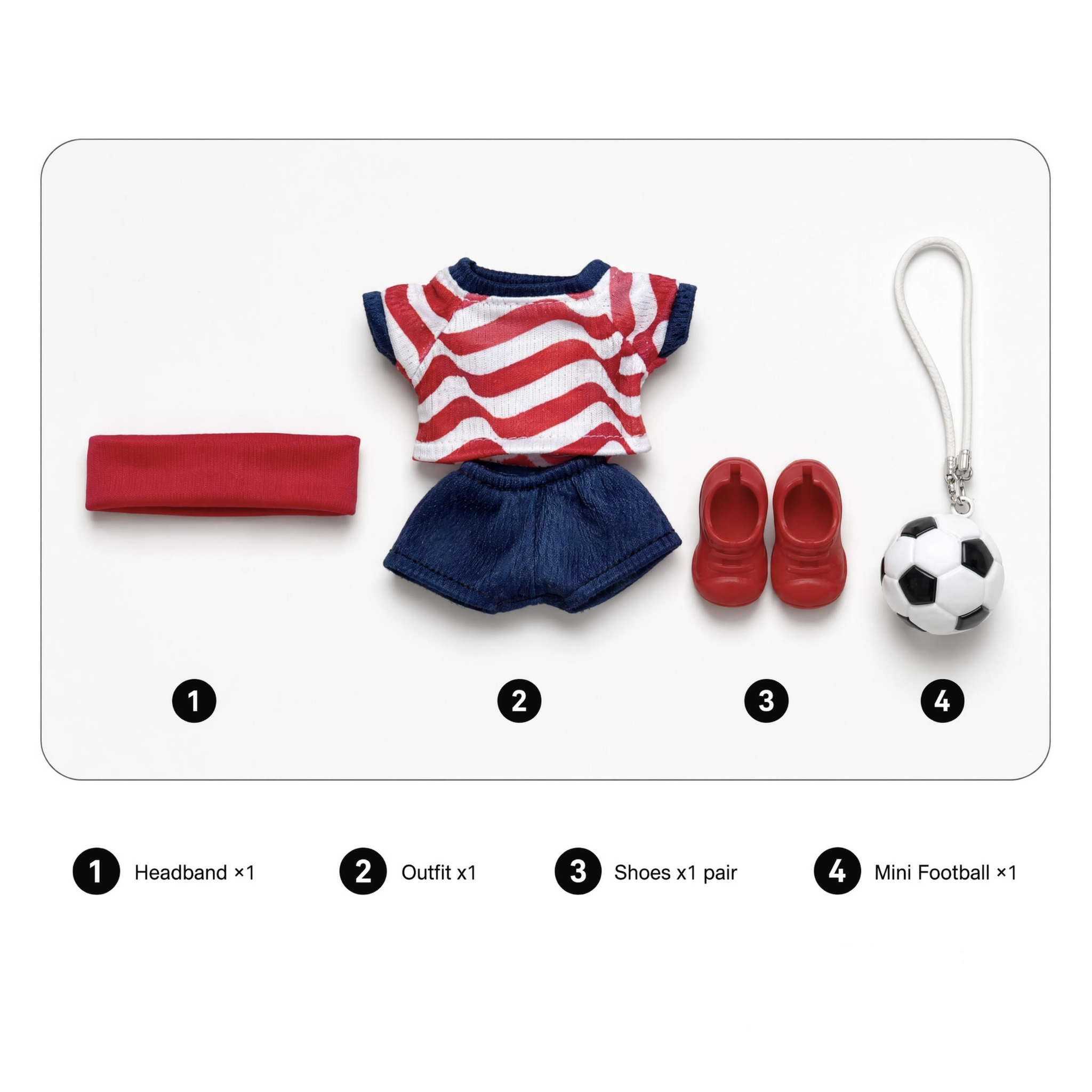 Labubu football jersey kit – USA Home – Labubu clothes with jersey, shorts, and accessories included, compatible with similar 17cm dolls